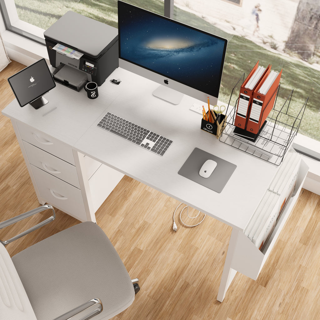 Anthony & Home Studio White Lacquer Office Desk with power outlet, 3 drawers, reversible frame, easy to assemble, modern workspace furniture.