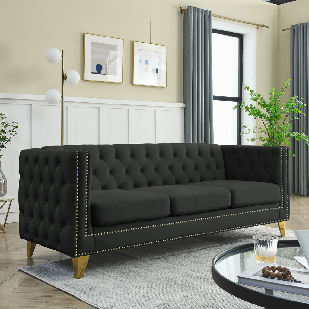 Black Atelier Velvet Tufted 3-Seater Sofa with metal legs by Anthony & Home, showcasing plush upholstery and modern design.