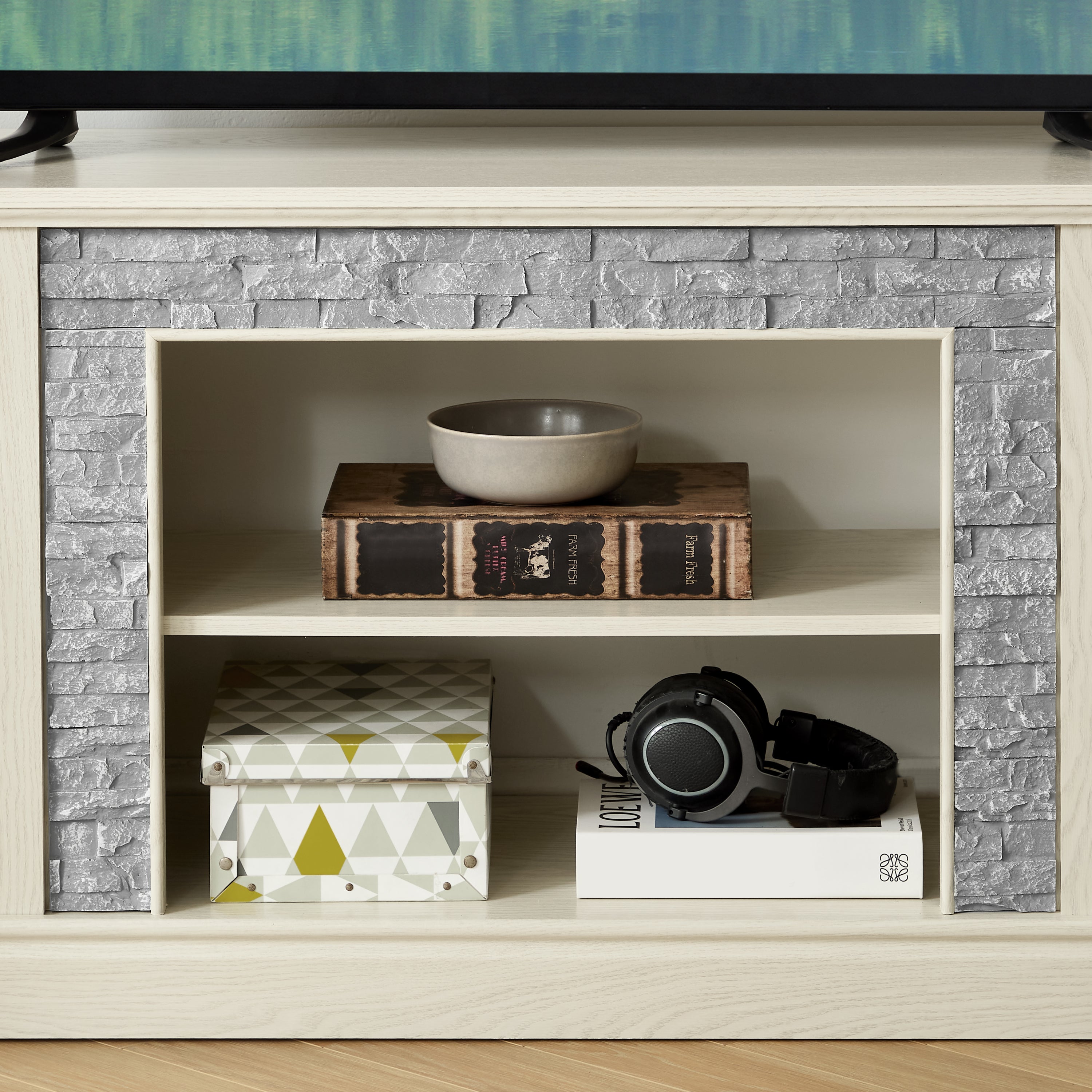 Anthony & Home Atelier White Faux Stone 70-Inch TV Stand with 2 doors, modern design and spacious storage.
