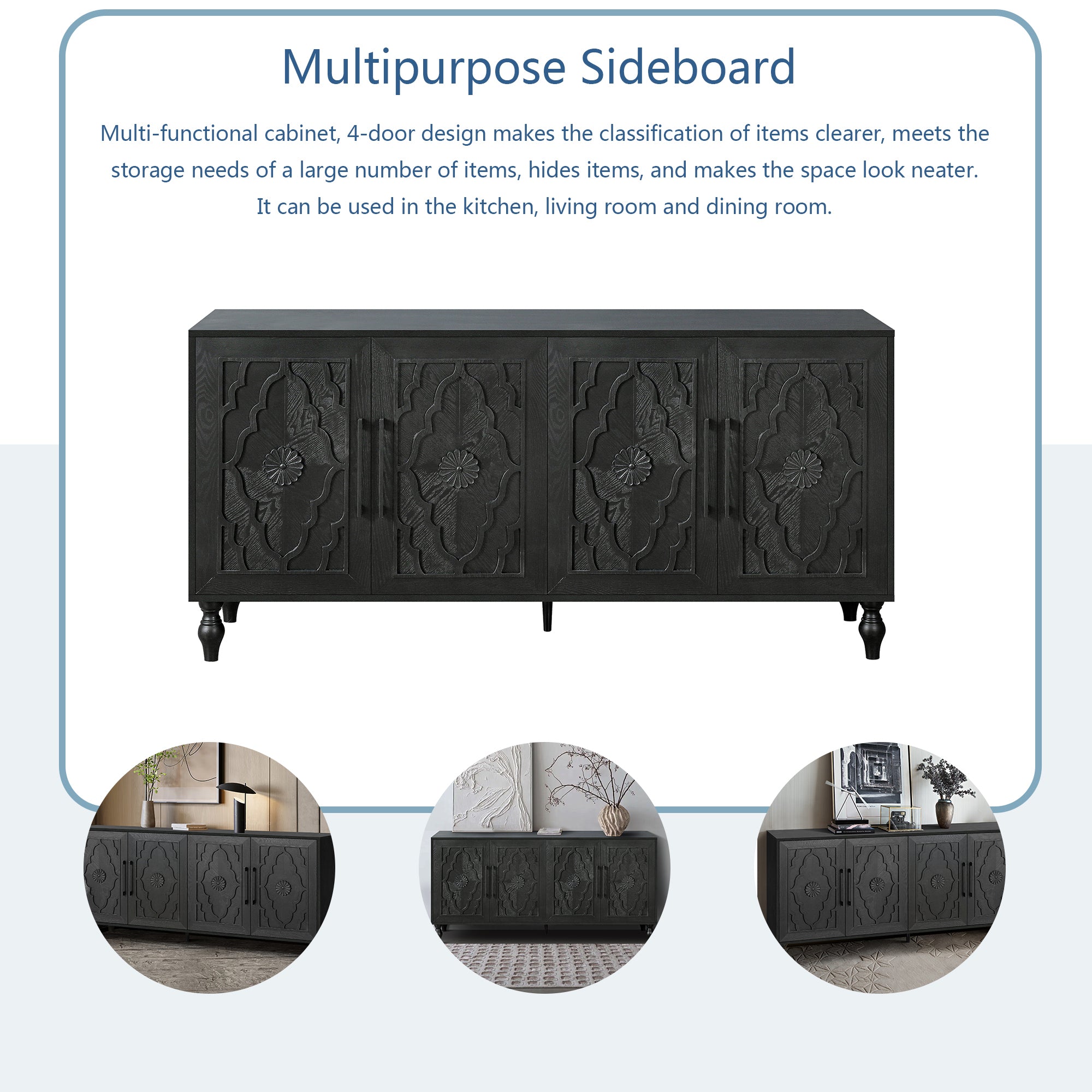 Black carved flower door storage cabinet by Anthony & Home with metal handle, suitable for living room, kitchen, or entryway.