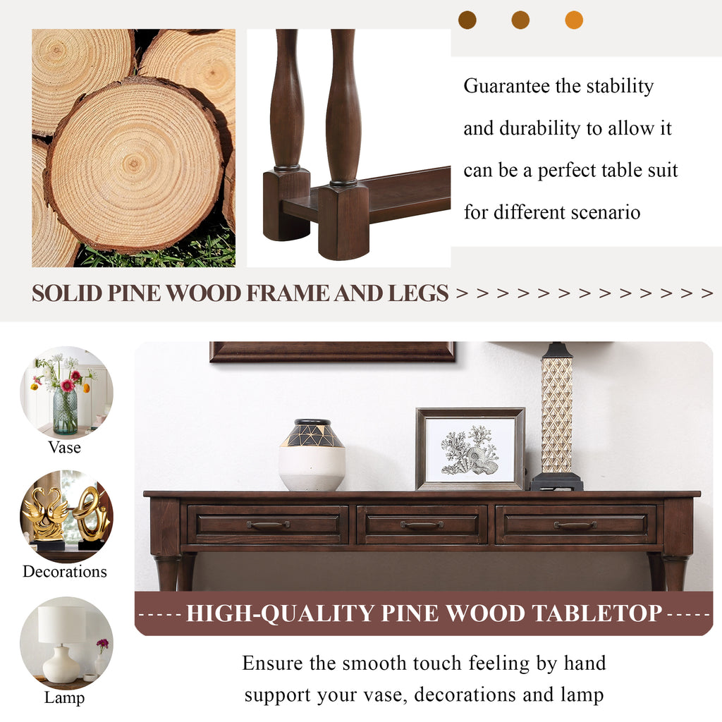Anthony & Home 63-inch light espresso wood console table with three drawers, ideal for entryway decor and organization.