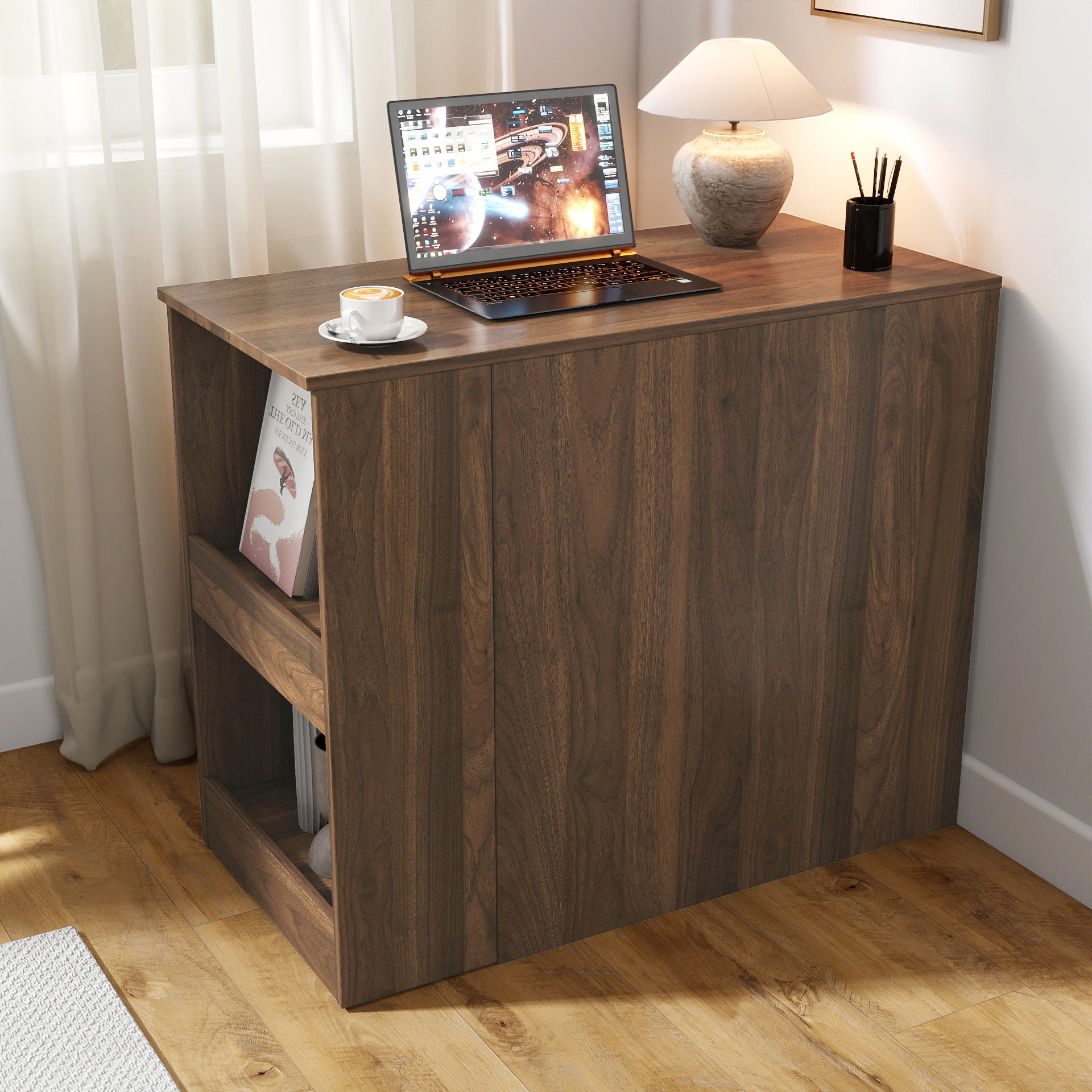 Walnut Collection limited computer desk with drawers by Anthony & Home, featuring a sleek walnut finish and functional design.