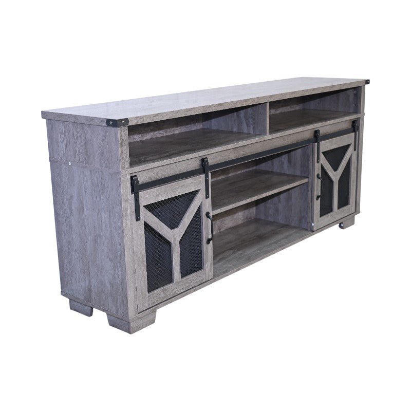 Iron mesh barn door TV stand by Anthony & Home, Signature Edition, featuring rustic iron mesh doors and wood shelves for modern farmhouse style.