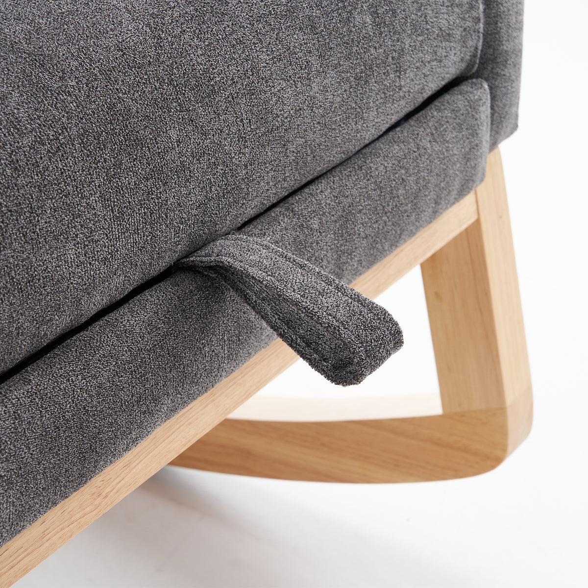 Gray Anthony & Home rocking chair with footrest, rubber wood frame, ideal for studio lounge or relaxing space.