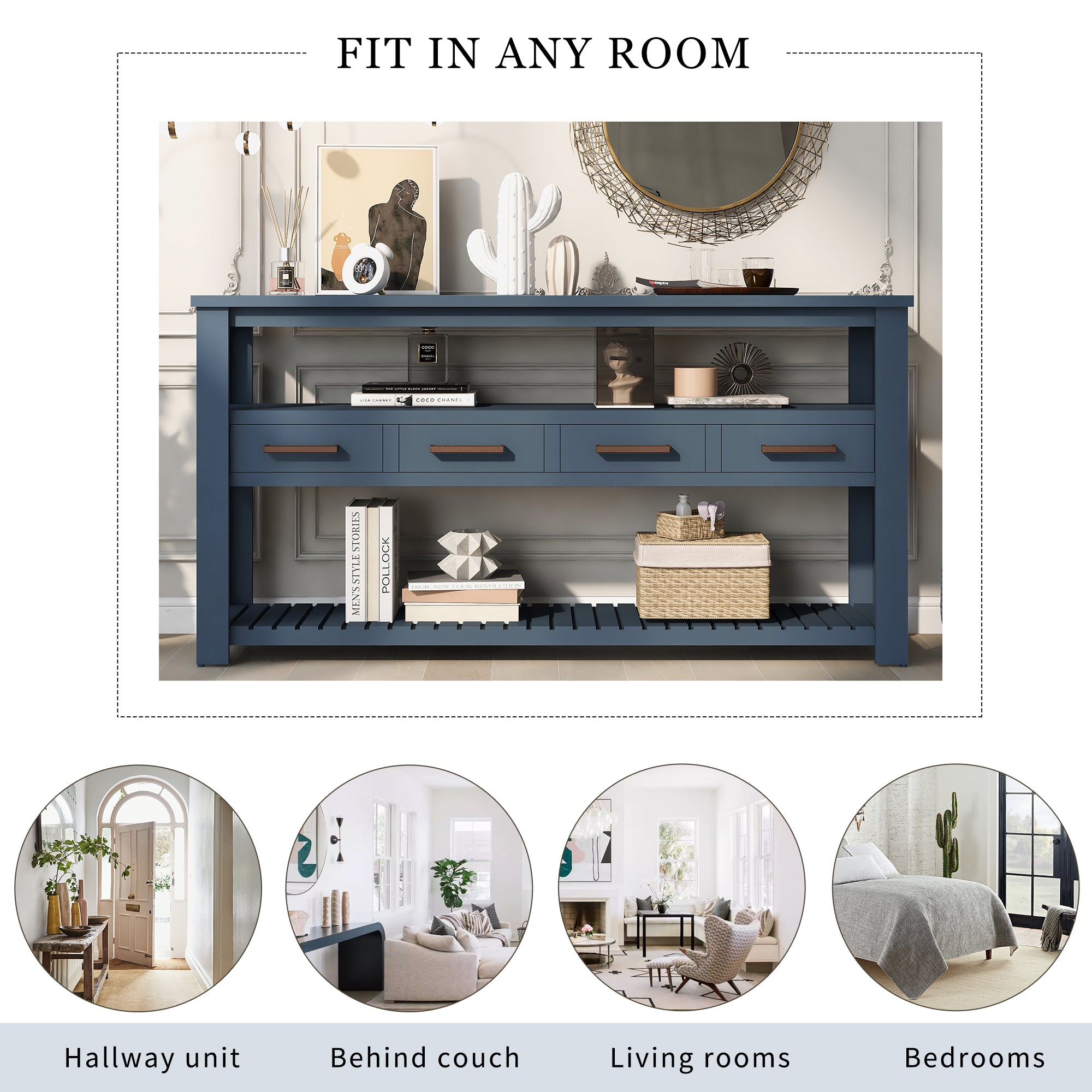Navy painted MDF entryway console table with four drawers, sleek Anthony & Home design for stylish storage and organization.