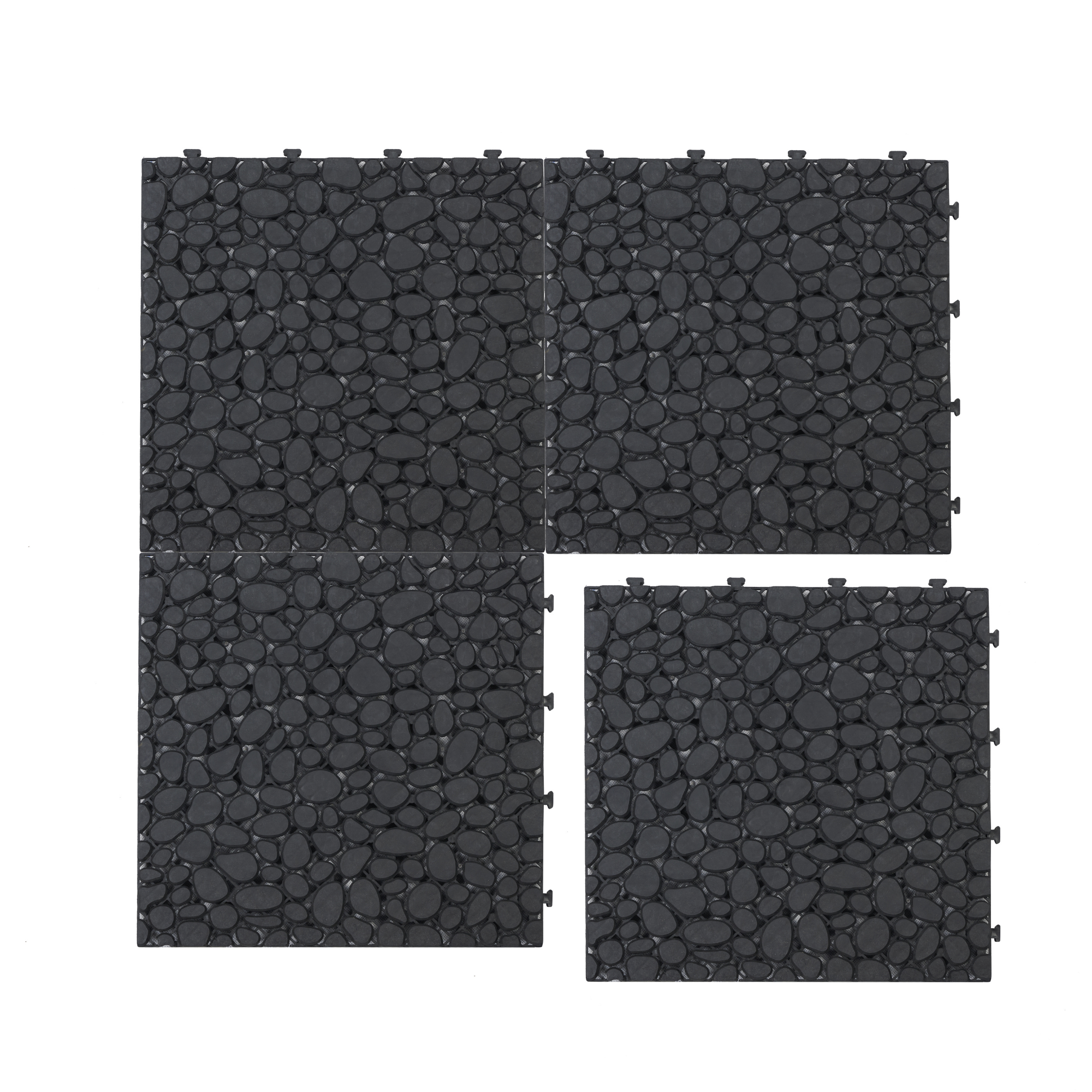 Black interlocking deck tiles from Anthony & Home, 12x12 inch all-weather anti-slip polymer outdoor and indoor flooring.