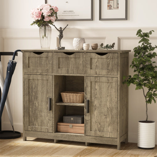 Gray Wooden Floor Cabinet With Drawers And Shelves Storage