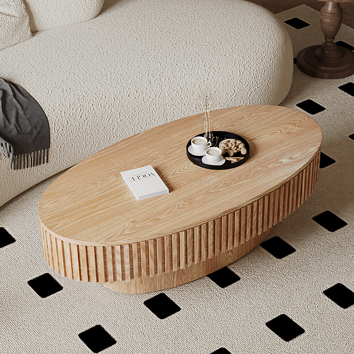 Oval Anthony & Home coffee table with storage, crafted from solid wood veneer, showcasing a sleek modern design.