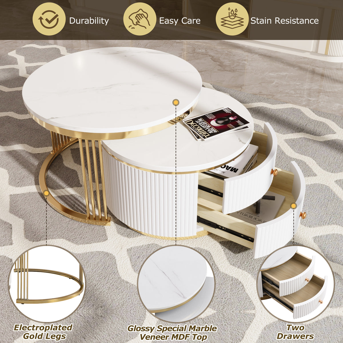Pair of white lacquered nesting coffee tables by Anthony & Home, featuring sleek modern design and smooth glossy finishes.