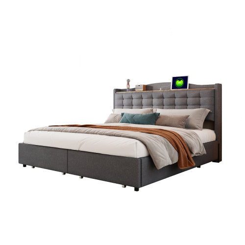 Grey Linen Upholstered Bed Frame 160x200 cm USB Nightstand