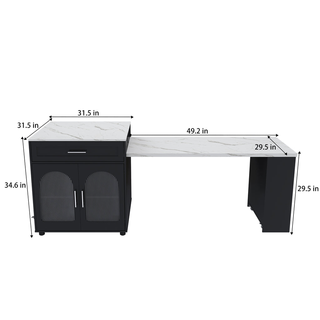 Black Expandable Kitchen Island with Marble - Grain Countertop, Power Outlet, Mobile Storage Cart with Cabinet & 2 Drawers, 80 - Inch Dining Table - Anthony & Home