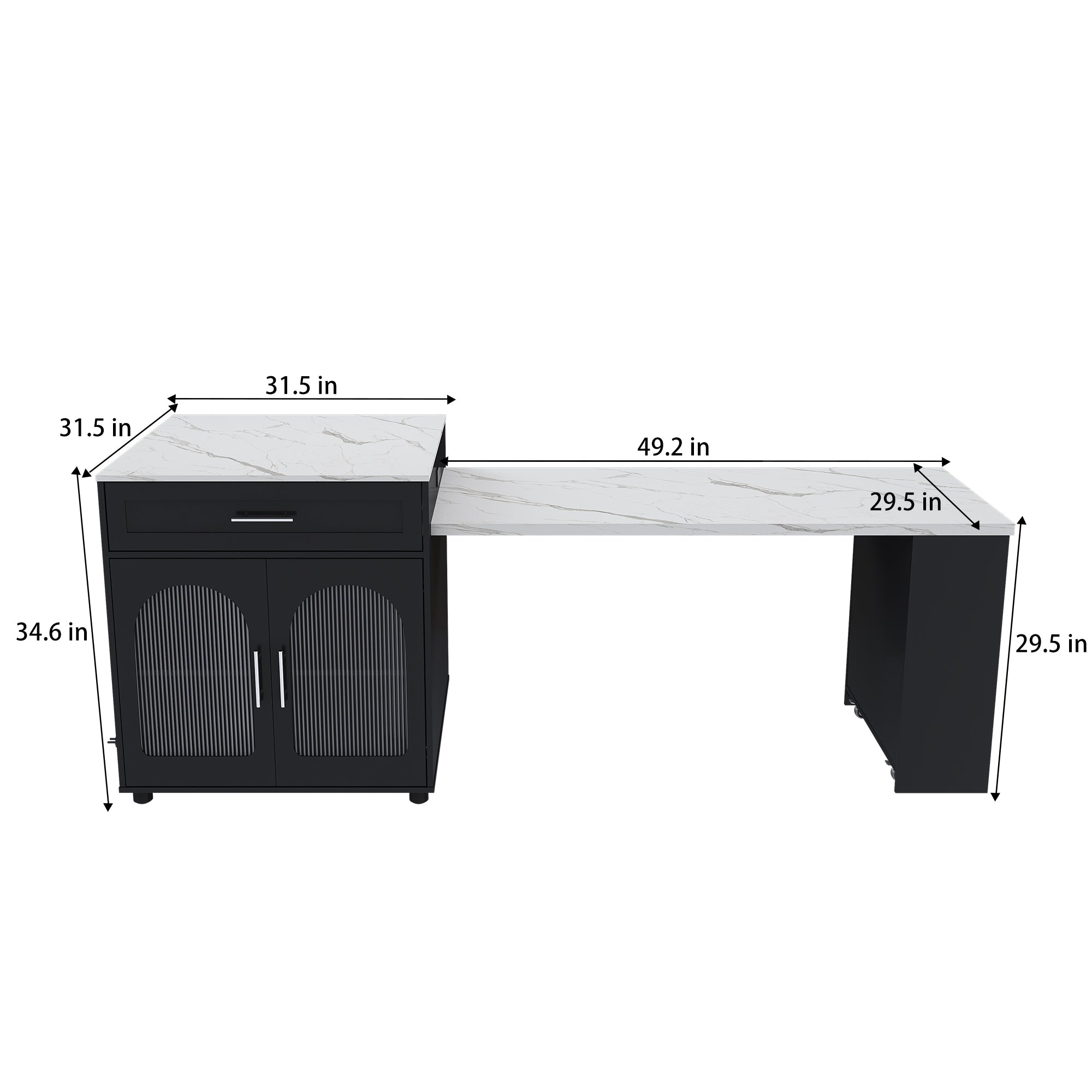 Black Expandable Kitchen Island with Marble - Grain Countertop, Power Outlet, Mobile Storage Cart with Cabinet & 2 Drawers, 80 - Inch Dining Table - Anthony & Home