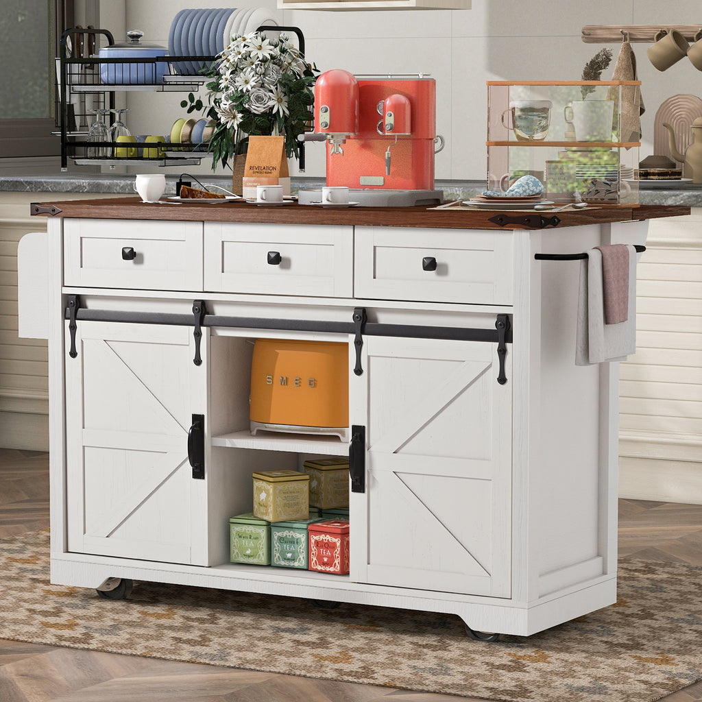 Limited Farmhouse Kitchen Island With Power Outlet In White, Sliding Barn Doors, Drop Leaf, MDF Construction, On Wheels