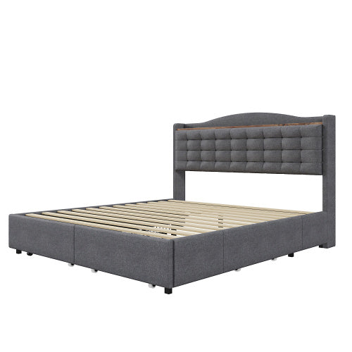 Grey Linen Upholstered Bed Frame 160x200 cm USB Nightstand