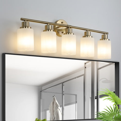 Five Light Gold Wall Mount Vanity Light With Frosted Shade