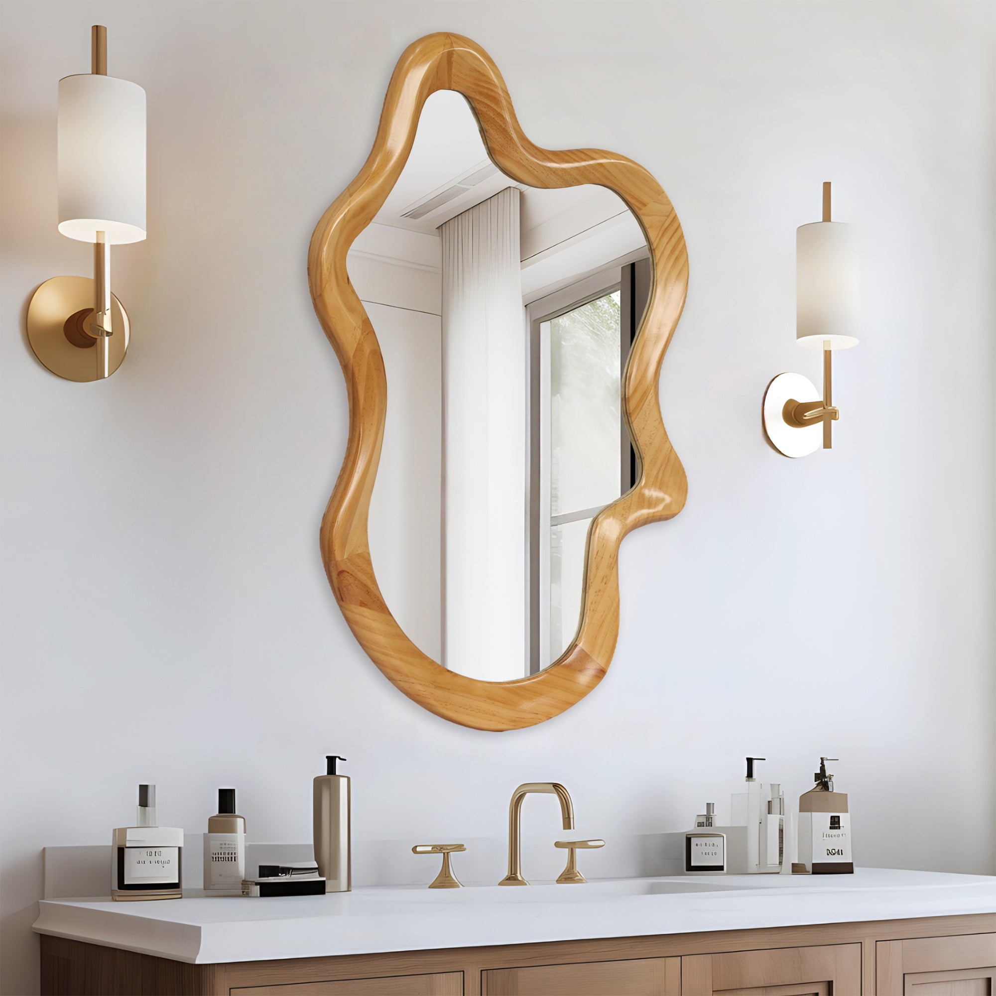 Wall mirror with natural wood frame and irregular silhouette by Anthony & Home, showcasing a stylish, organic design element.