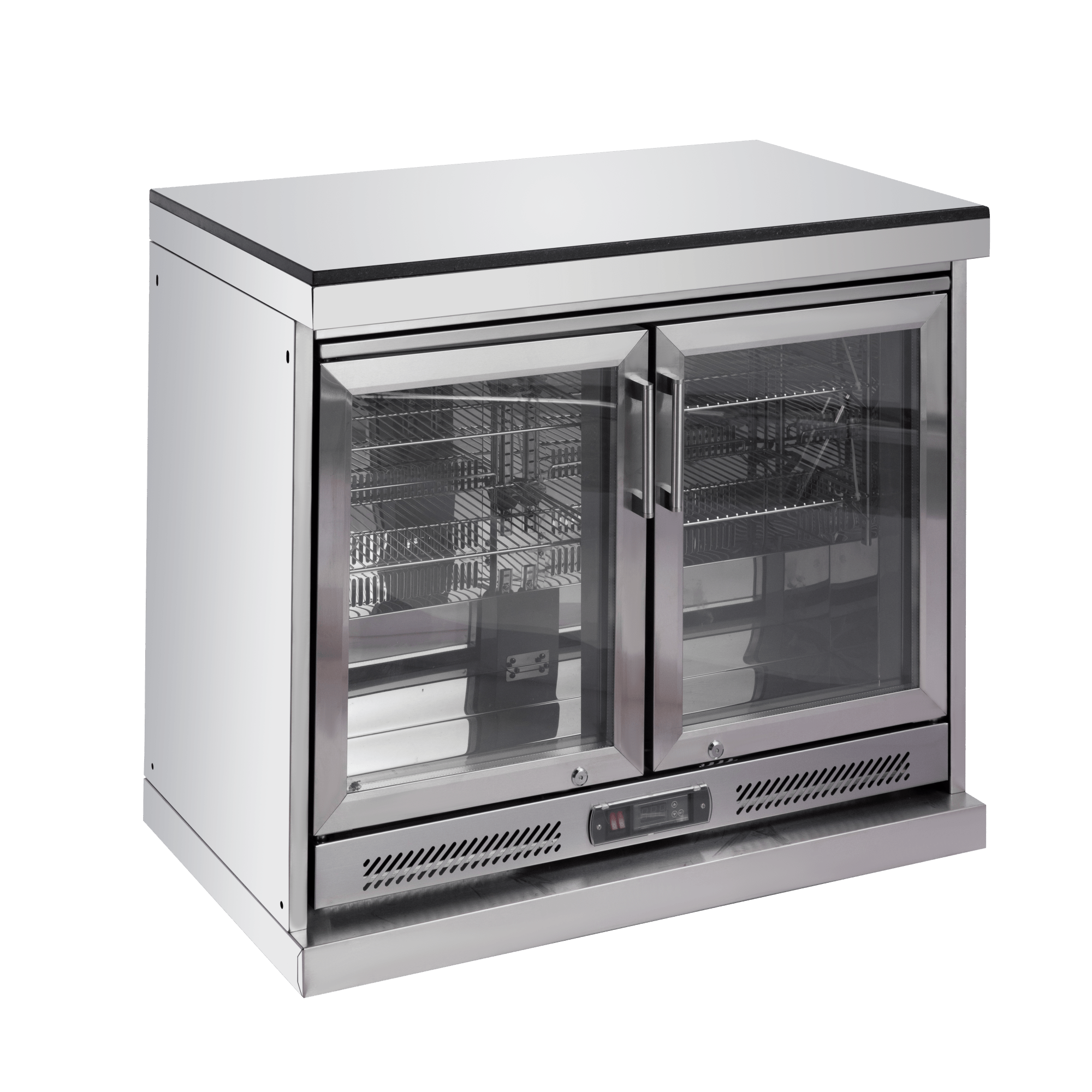 Anthony & Home 62-inch stainless steel outdoor kitchen with 6-burner grill, wine cooler, rotisserie, granite countertops, storage cabinets