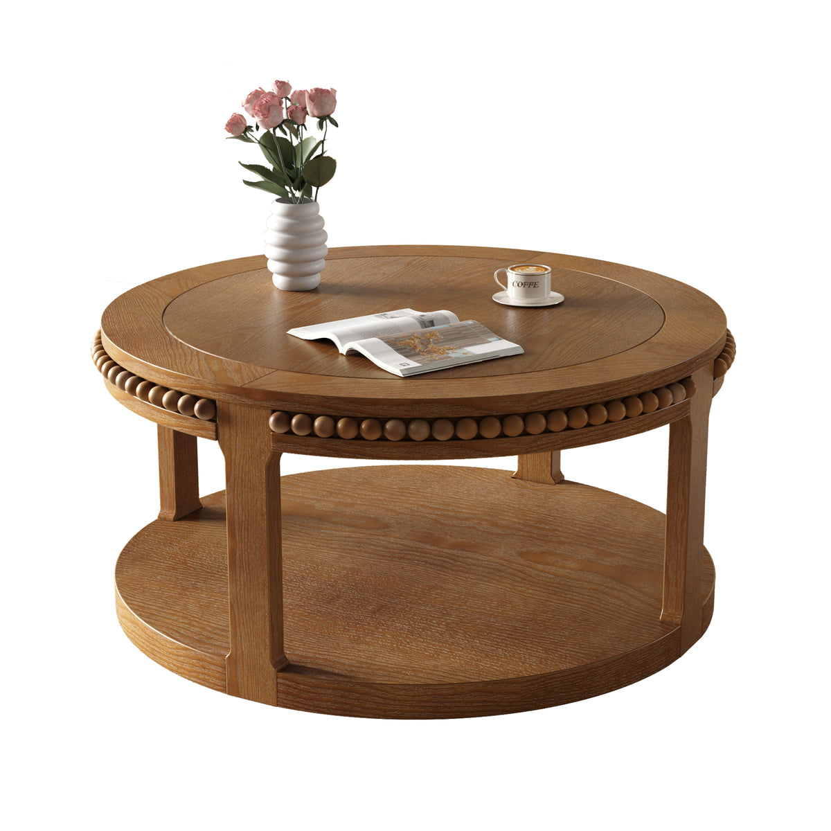 Anthony & Home Studio Walnut Round Coffee Table with solid wood finish and two-tier design, showcasing its elegant craftsmanship.