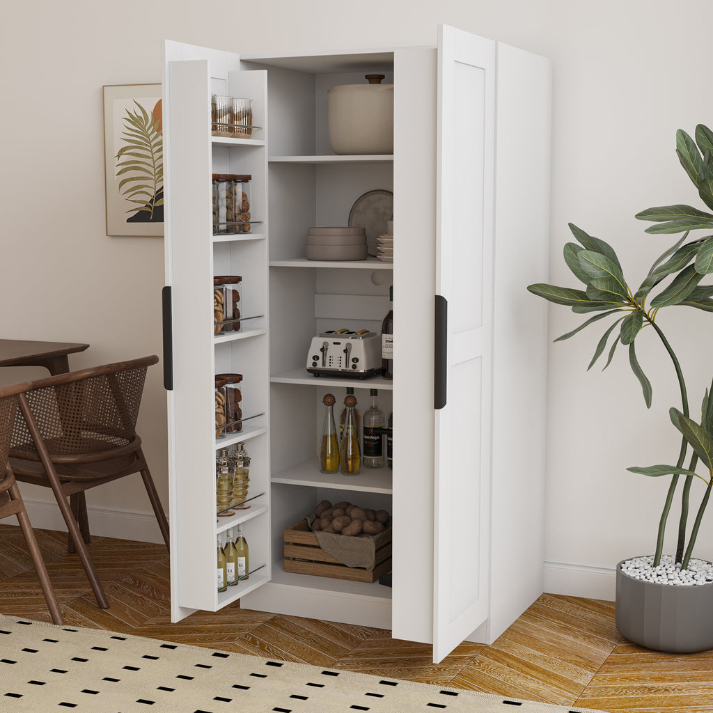 Anthony & Home white pantry cabinet with doors and shelves, showcasing organized storage and modern kitchen furniture design.