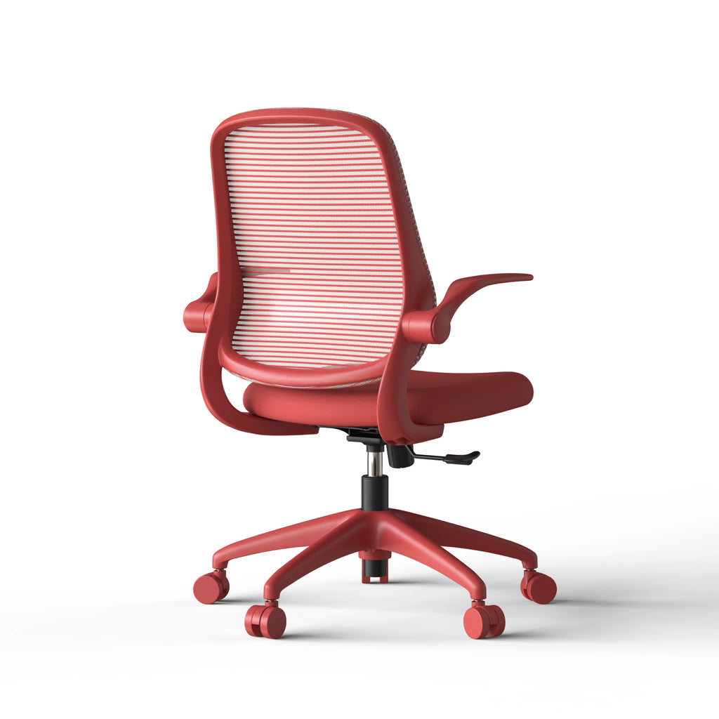 Red ergonomic mesh office chair with integrated molded foam cushion from Anthony & Home's Atelier Collection, designed for comfort.