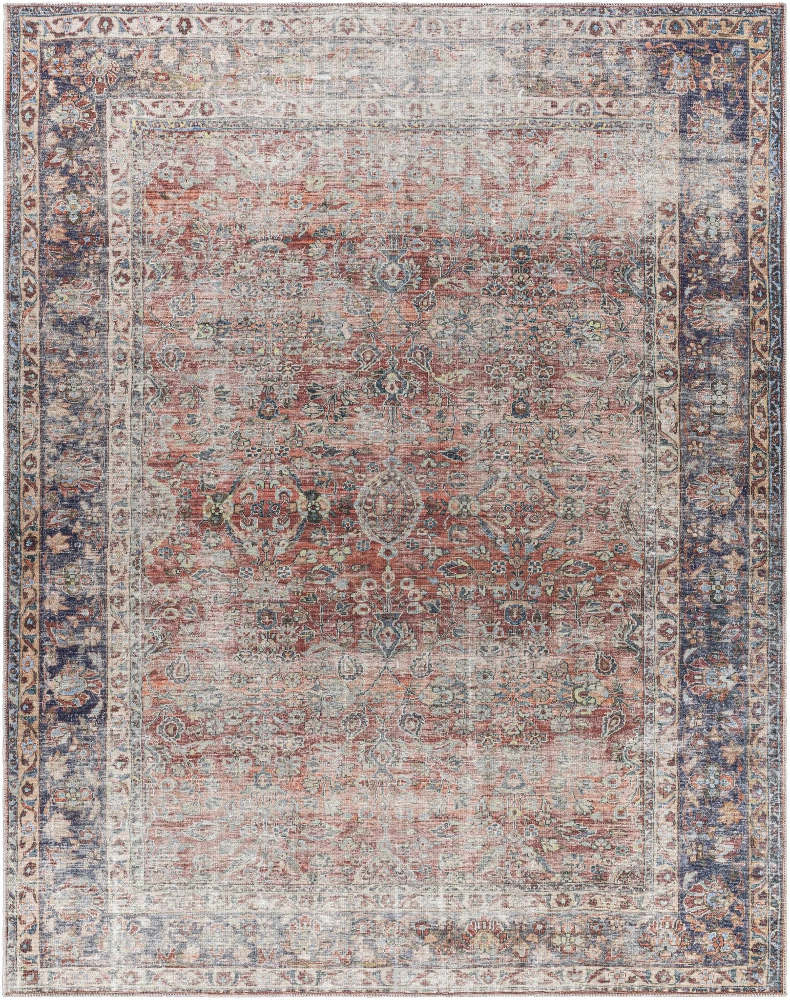 Rustic Anahawan Rust distressed washable area rug by Hauteloom, featuring a heritage-inspired design and textured distressed finish.