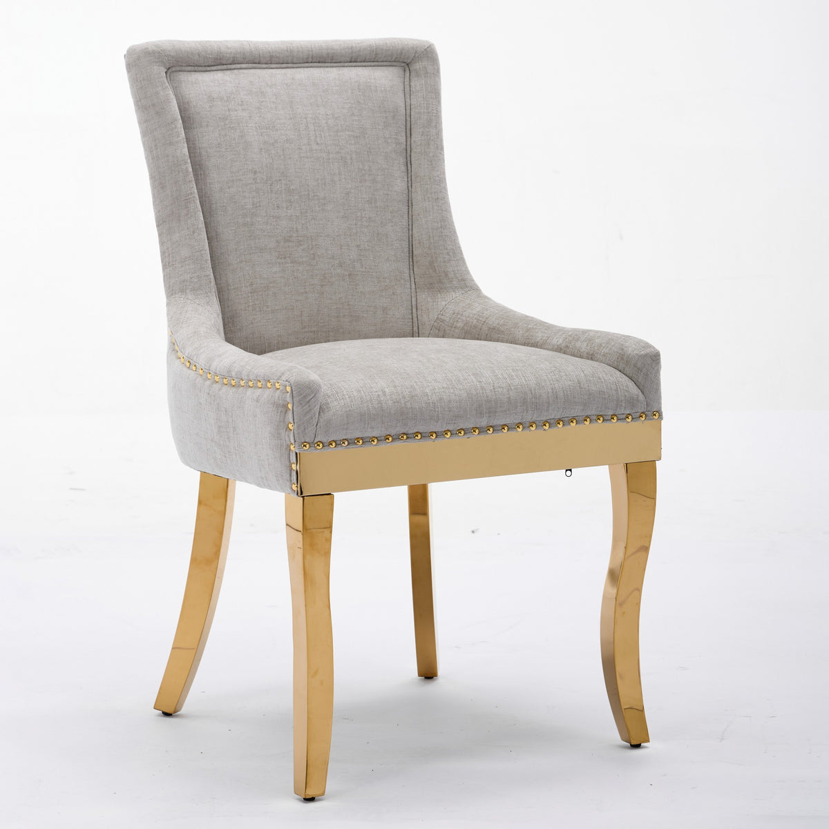 Beige chenille dining chairs with gold plated legs from Anthony & Home, modern and stylish for elegant dining rooms.