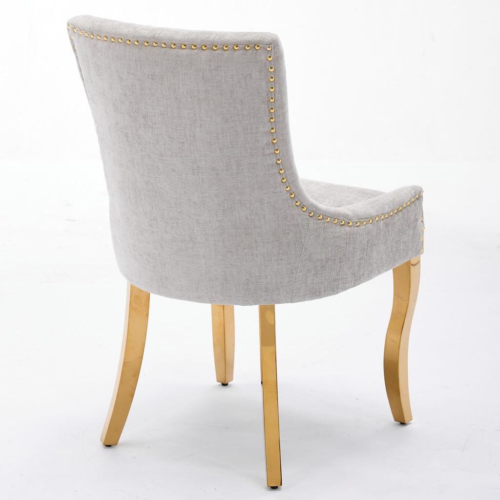Beige chenille dining chairs with gold-plated legs from Anthony & Home, featuring a stylish and comfortable design.