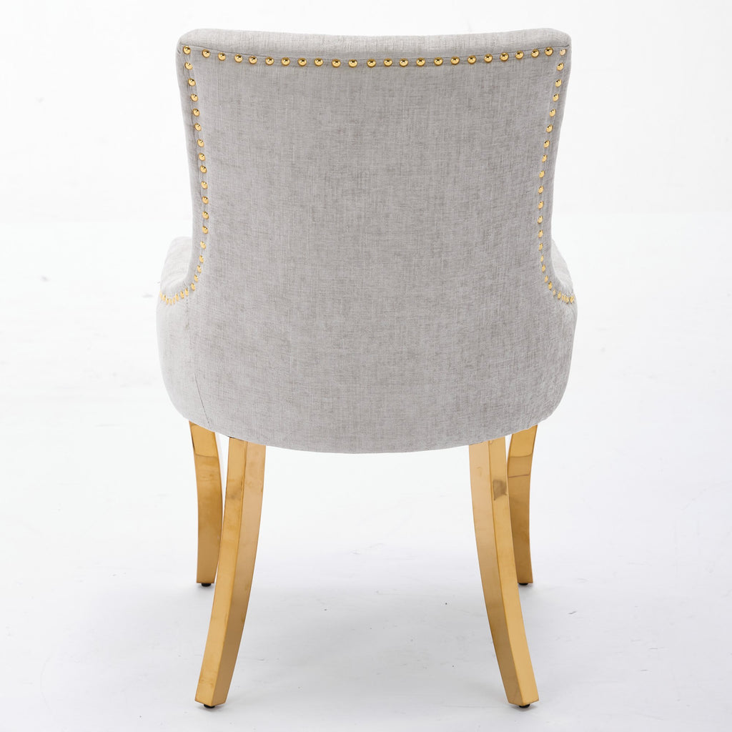 Beige chenille dining chairs with gold plated legs from Anthony & Home, stylish and comfortable for modern dining rooms.