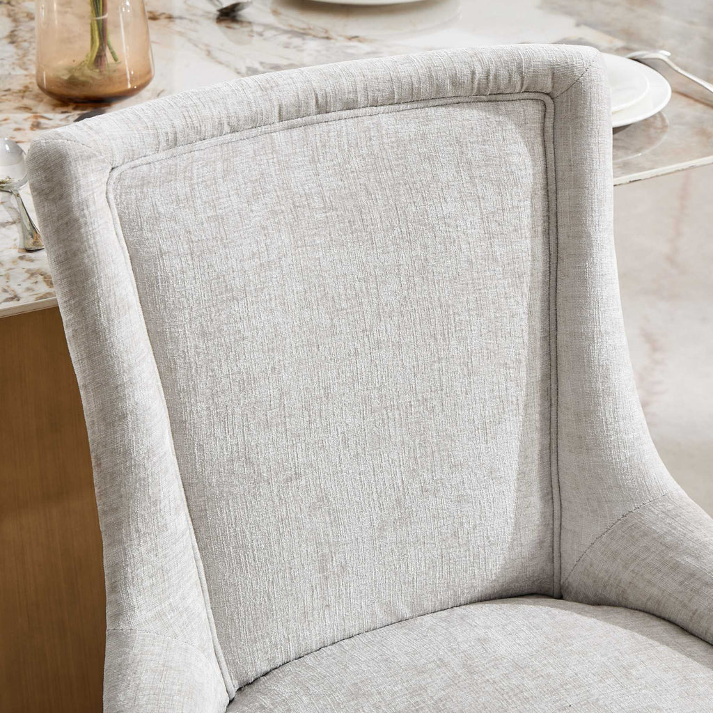 Beige chenille dining chairs with gold plated legs from Anthony & Home, showcasing stylish seating for modern dining rooms.