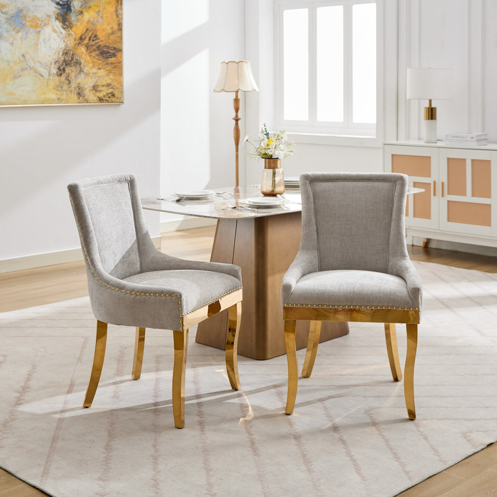 Beige Anthony & Home chenille dining chair with gold-plated legs, modern design, and plush upholstery in a studio setting