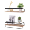 Natural wood floating wall shelves, studio set of 2 by Anthony & Home, mounted on wall with decorative items displayed