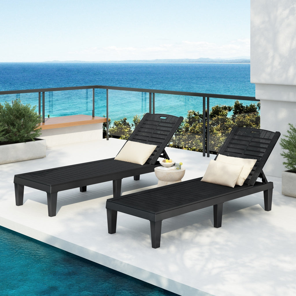 Outdoor chaise lounge set of two with adjustable backrests by Anthony & Home, featuring cushioned seats and modern design.