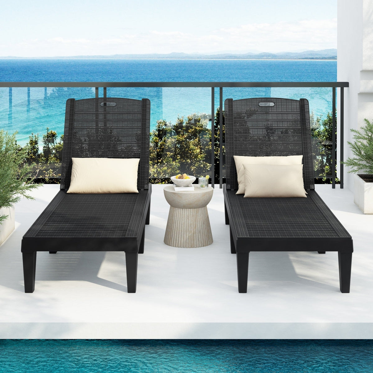 Outdoor chaise lounge set of two with adjustable backrests by Anthony & Home, featuring cushioned seats and metal frames.