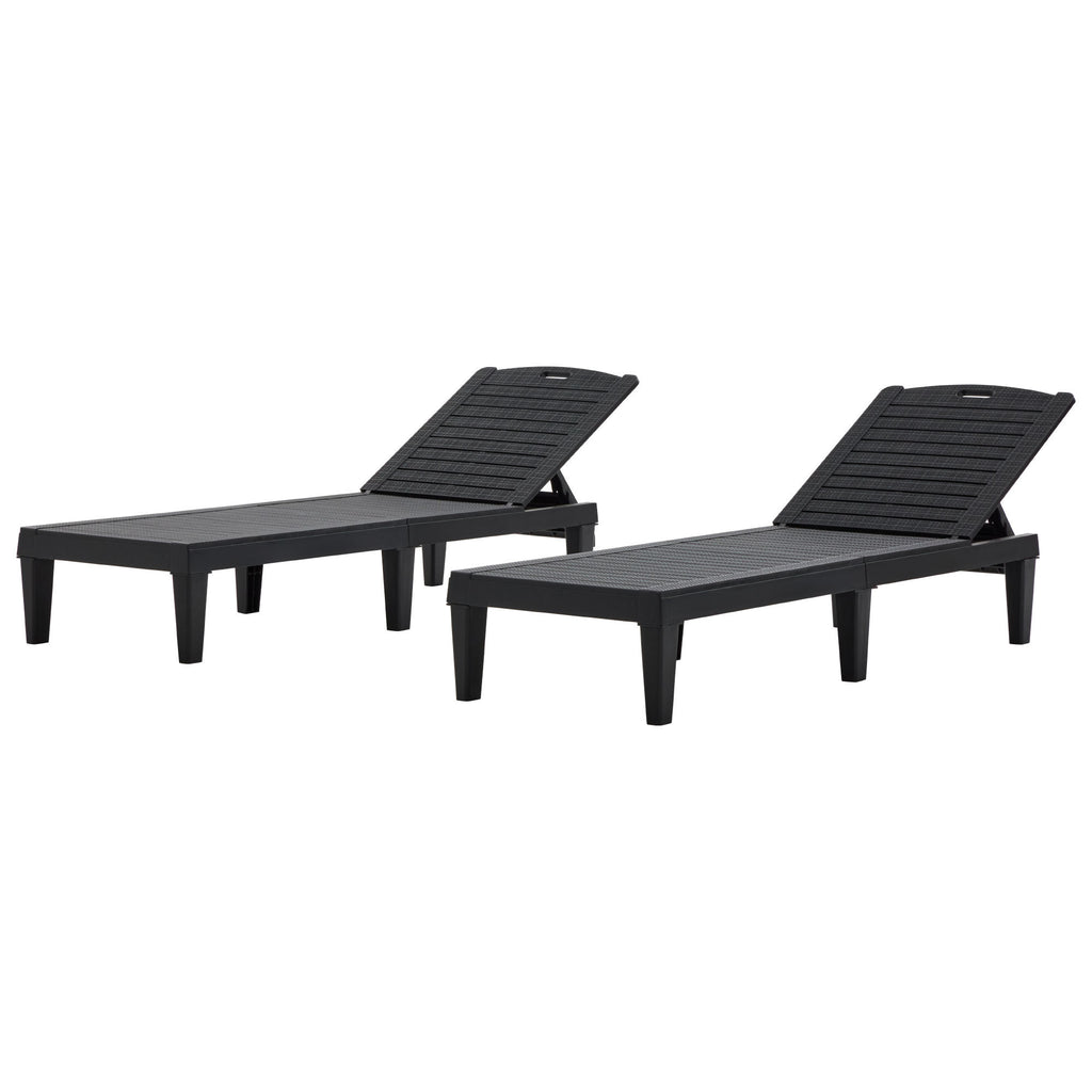 Pair of outdoor chaise lounge chairs by Anthony & Home with adjustable backs, featuring cushioned seating and sleek design.