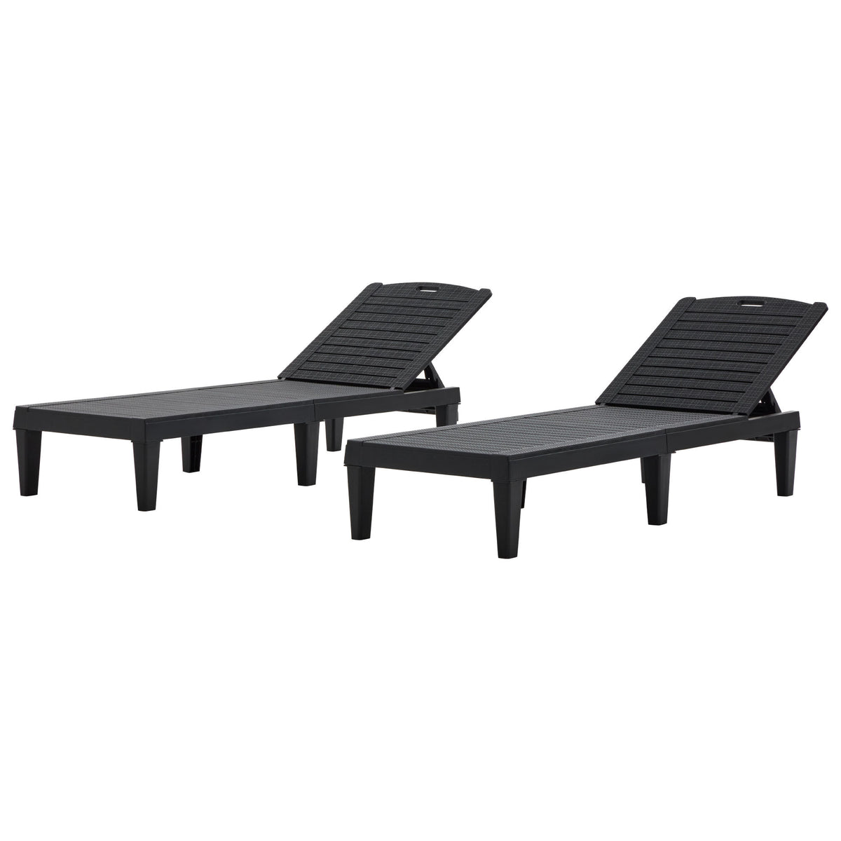 Pair of outdoor chaise lounge chairs by Anthony & Home with adjustable backs, featuring cushioned seating and sleek design.
