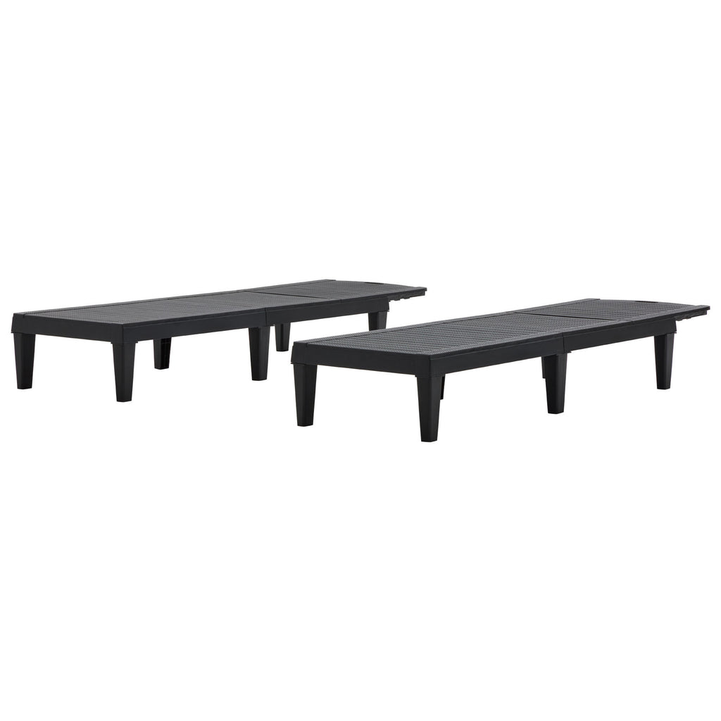 Two outdoor chaise lounges with adjustable backs from Anthony & Home, featuring cushioned seats and sleek metal frames.