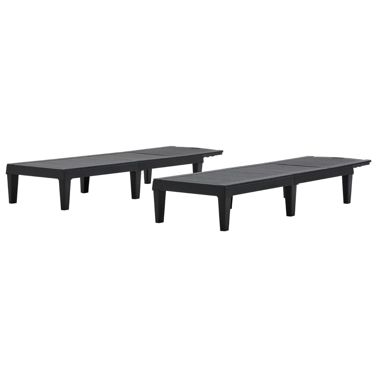 Two outdoor chaise lounges with adjustable backs from Anthony & Home, featuring cushioned seats and sleek metal frames.