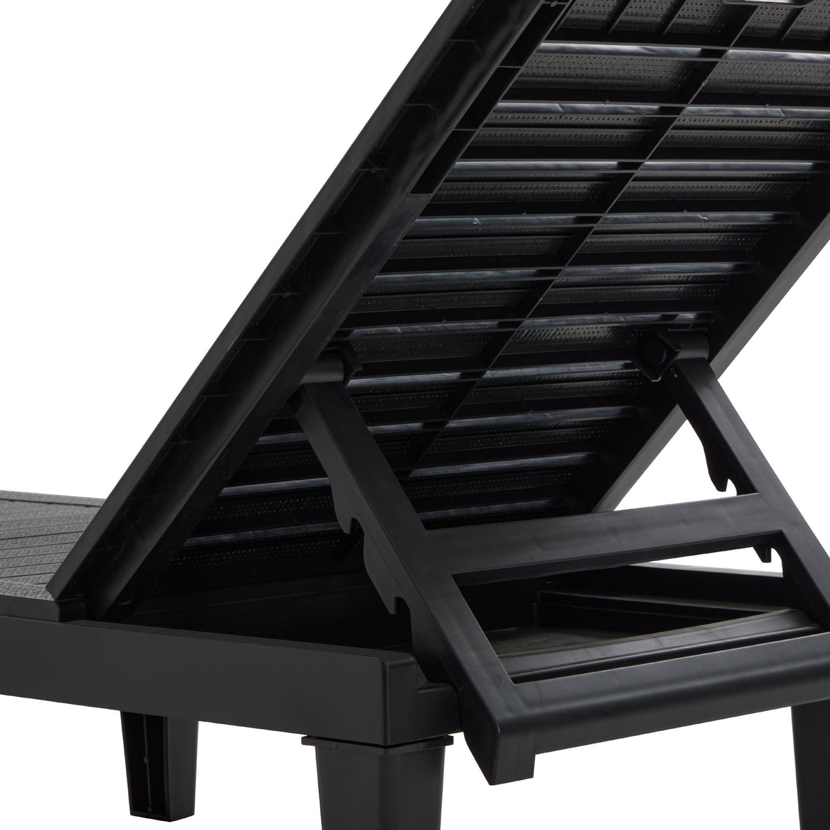 Pair of outdoor chaise lounges by Anthony & Home with adjustable backs, featuring cushioned seats and sleek metal frames.
