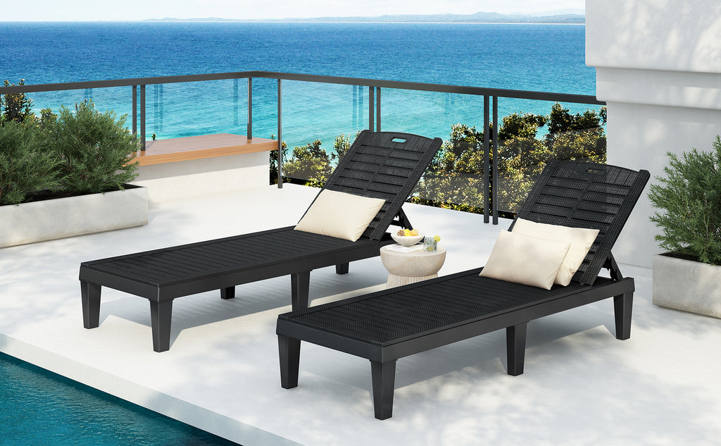 Two Anthony & Home outdoor chaise lounge chairs with adjustable backs, featuring cushioned seats and sleek patio design.