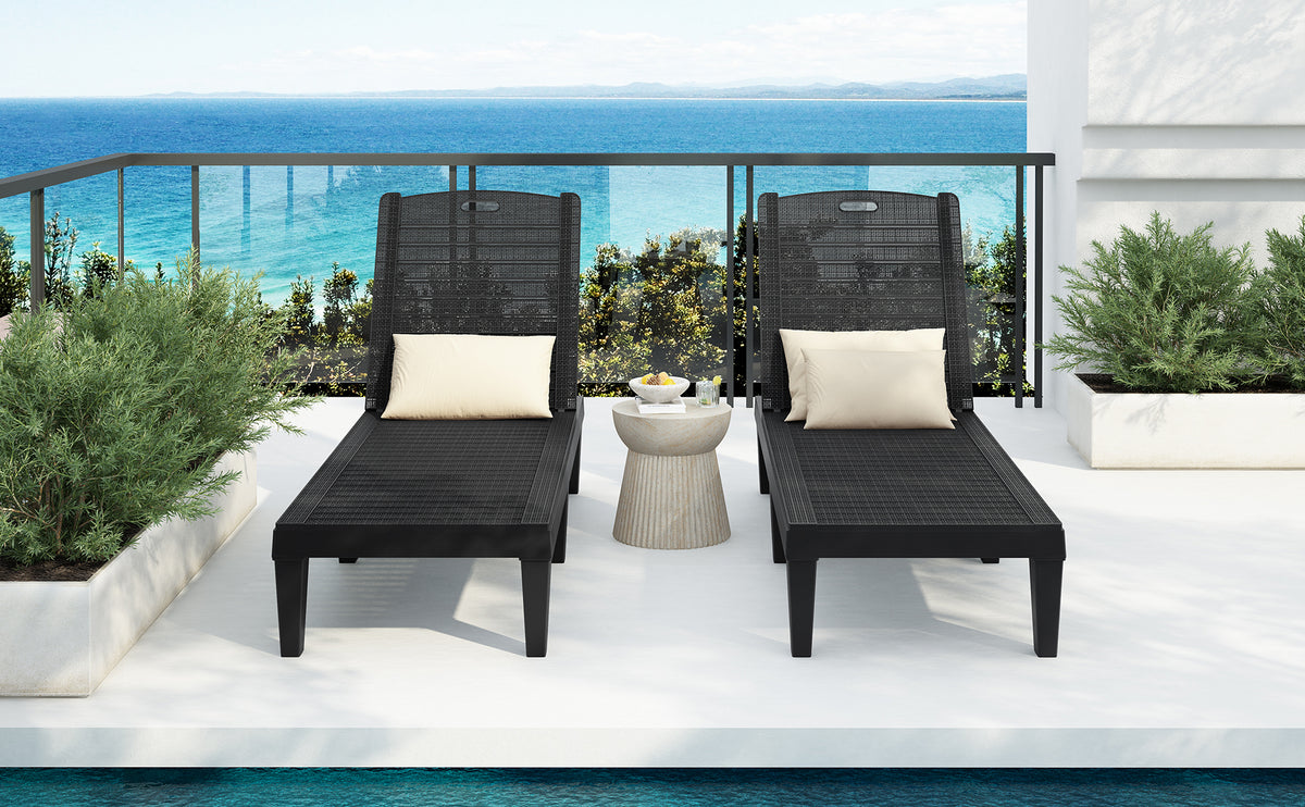 Two Anthony & Home outdoor chaise lounges with adjustable backrests, featuring cushioned seats and modern design for outdoor relaxation.