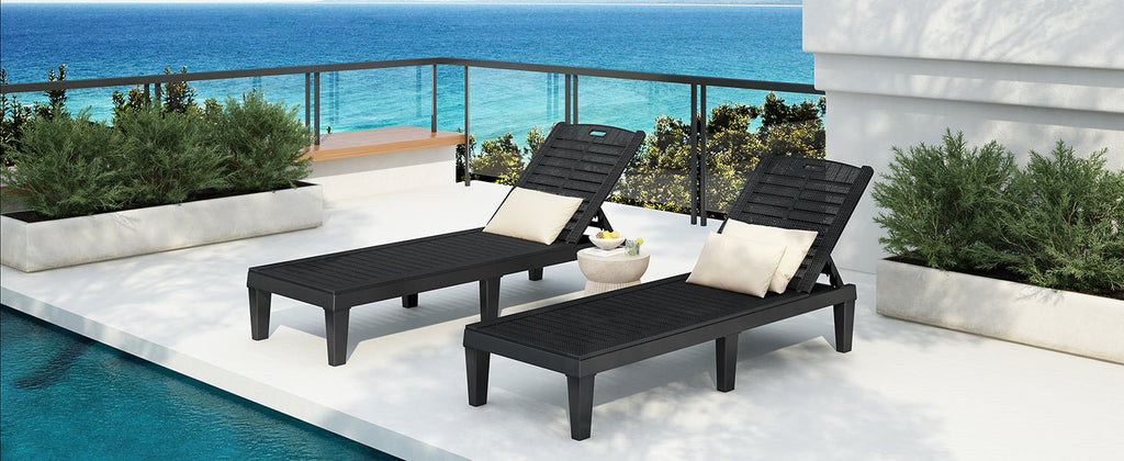 Pair of outdoor chaise lounge chairs with adjustable backs from Anthony & Home, featuring sleek design and comfortable cushions.