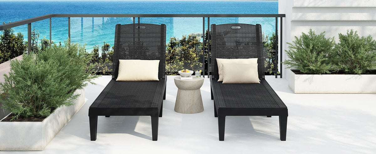 Pair of Anthony & Home outdoor chaise lounge chairs with adjustable backs, featuring cushioned seating and sleek outdoor design.