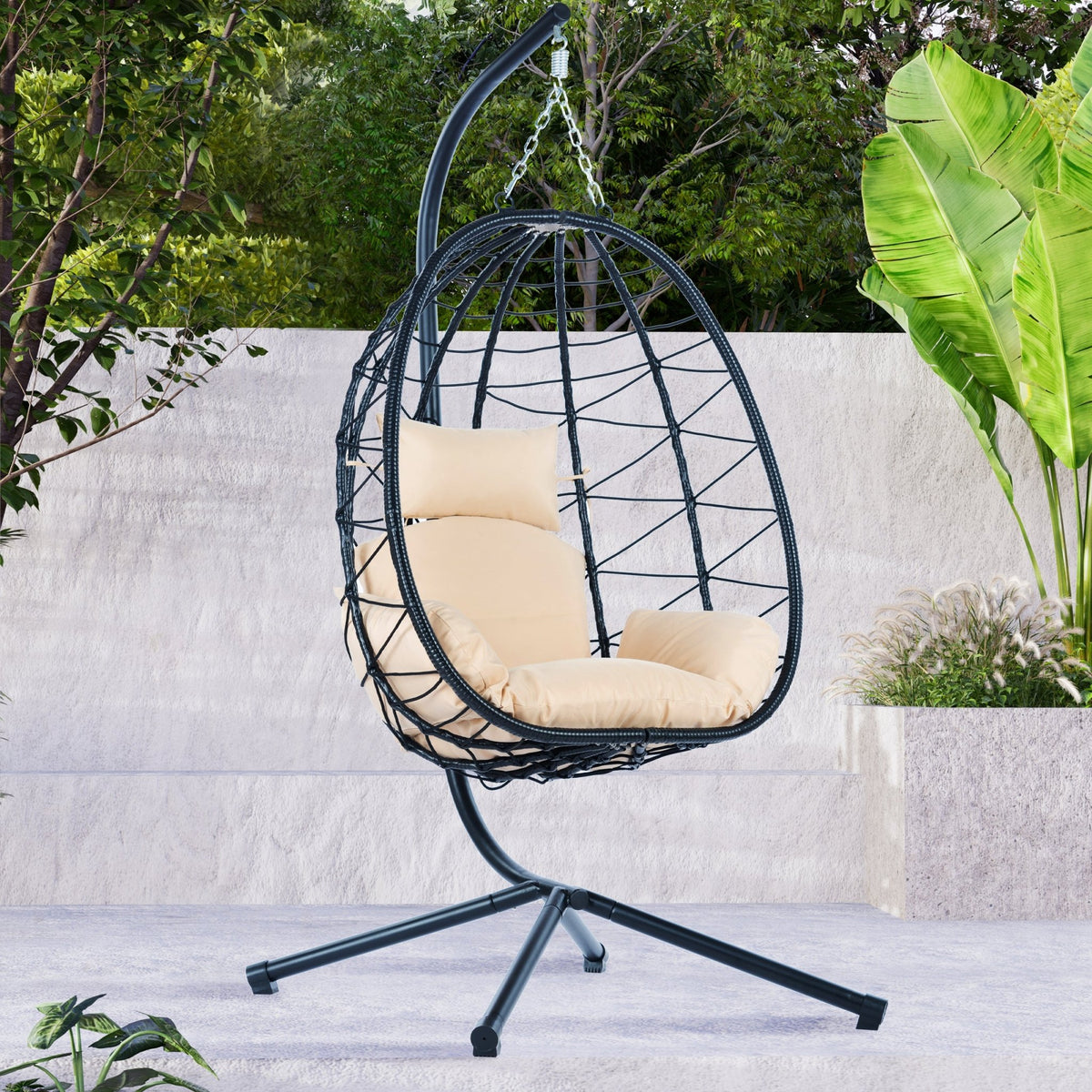Anthony & Home Signature HDPE Wicker Egg Chair with Stand, showing a stylish, woven wicker egg-shaped outdoor chair with metal stand.