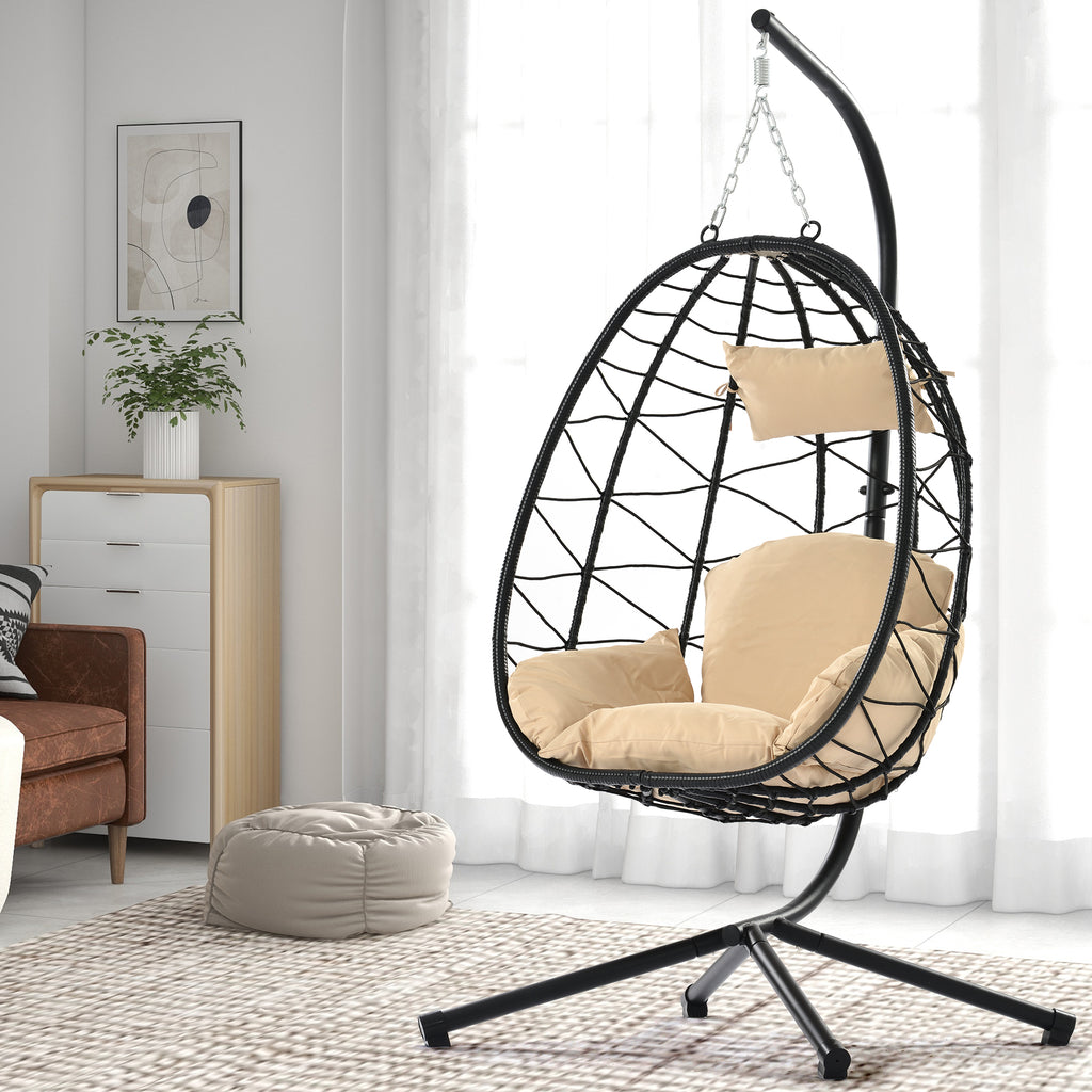 Anthony & Home Signature HDPE wicker egg chair with stand, modern outdoor seating with a cozy, rounded design and sturdy metal base.