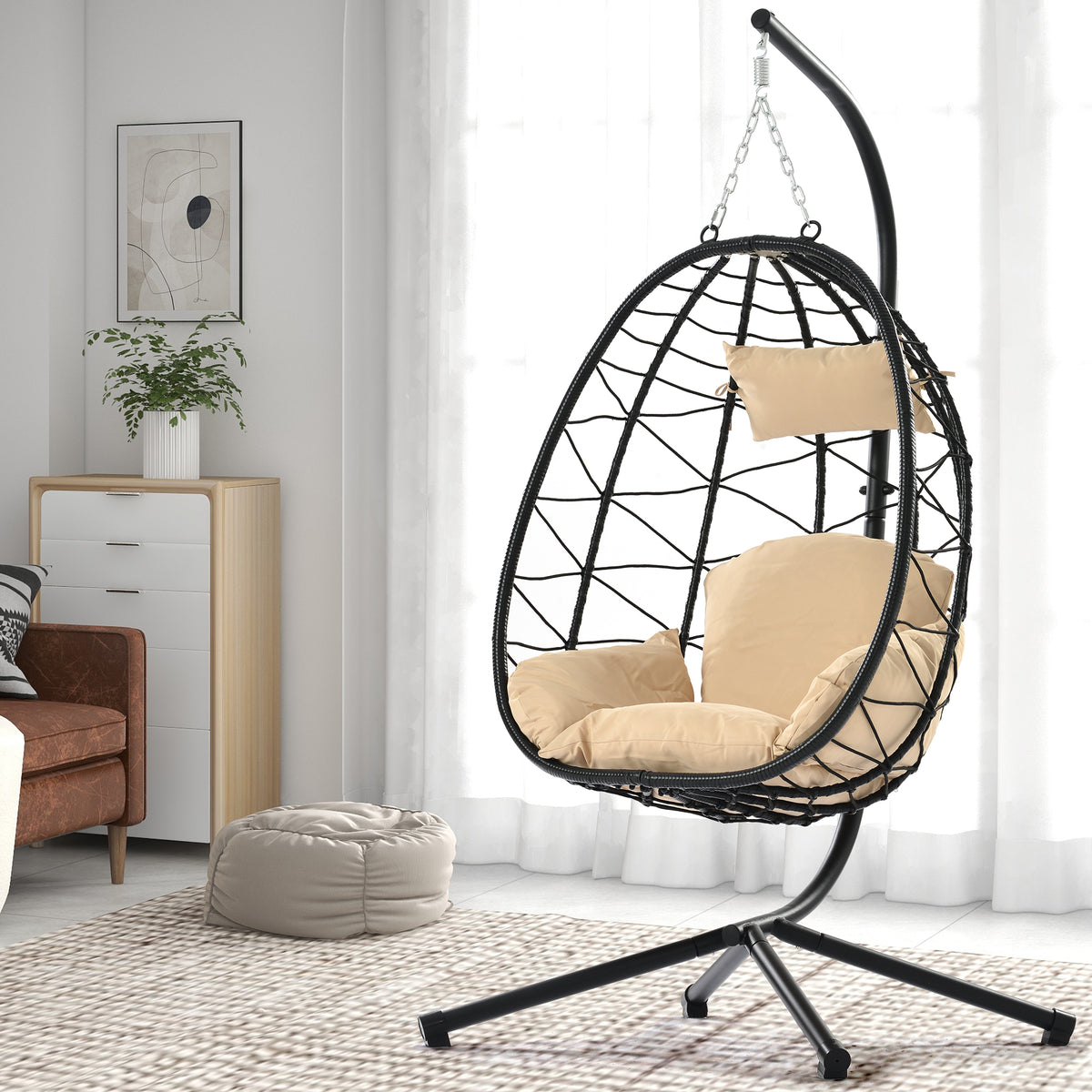 Anthony & Home Signature HDPE wicker egg chair with stand, modern outdoor seating with a cozy, rounded design and sturdy metal base.