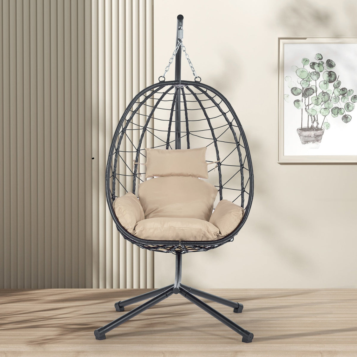 Anthony & Home Signature HDPE wicker egg chair with stand, showcasing a stylish outdoor lounge chair with a rounded wicker design.