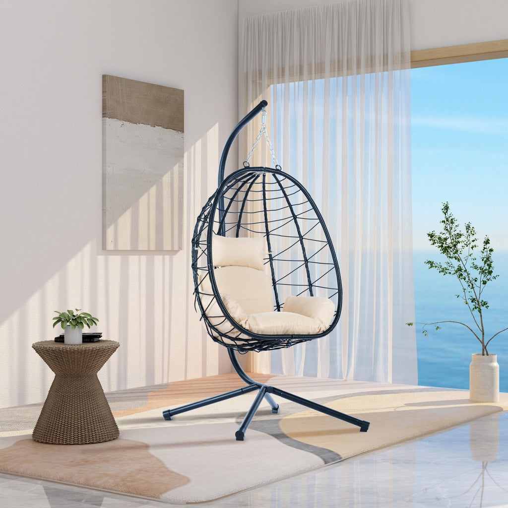 Anthony & Home Signature HDPE wicker egg chair with stand, featuring a cozy, modern outdoor lounge seat in natural wicker finish.