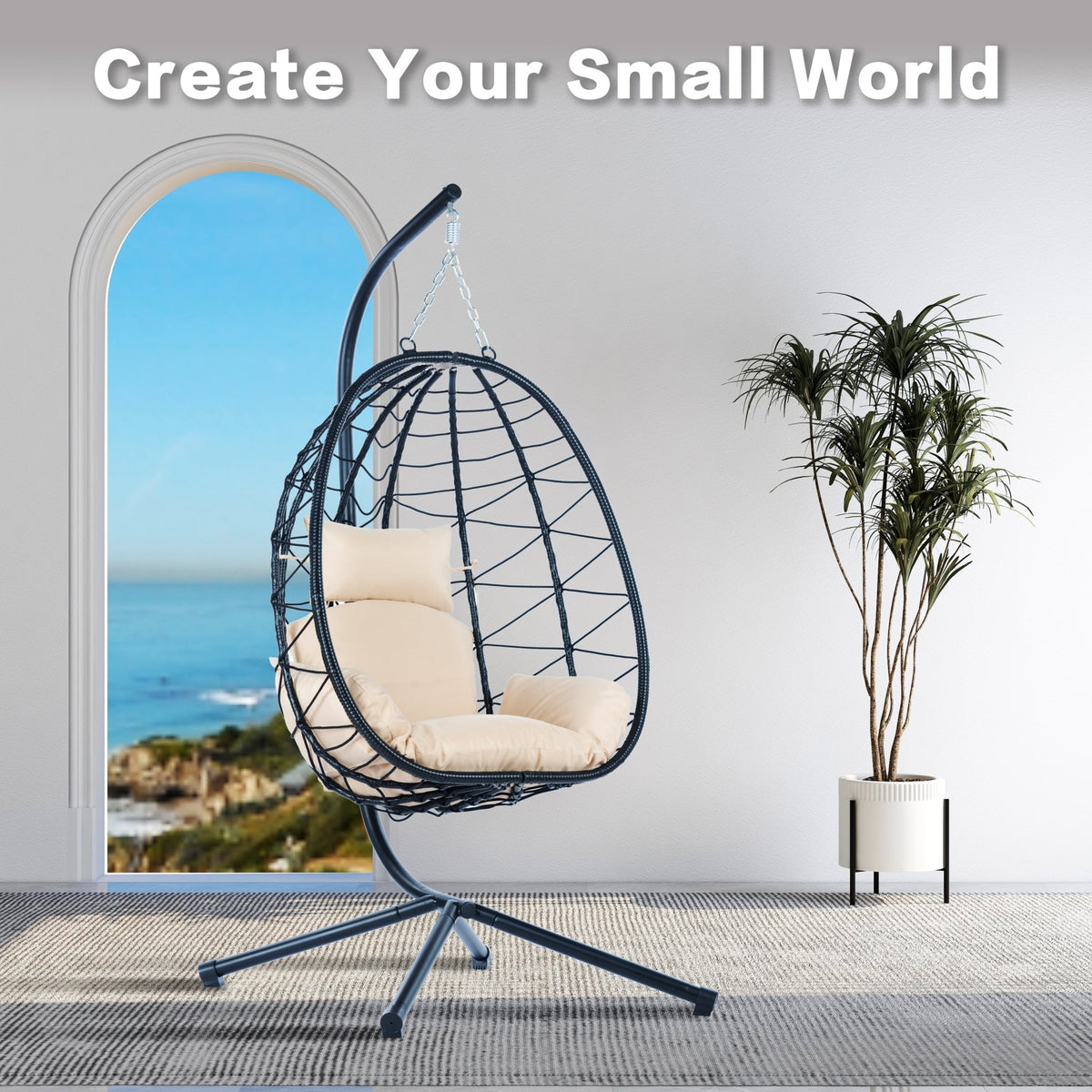 Anthony & Home Signature HDPE wicker egg chair with stand, showing a stylish outdoor lounge chair with curved design and sturdy base.
