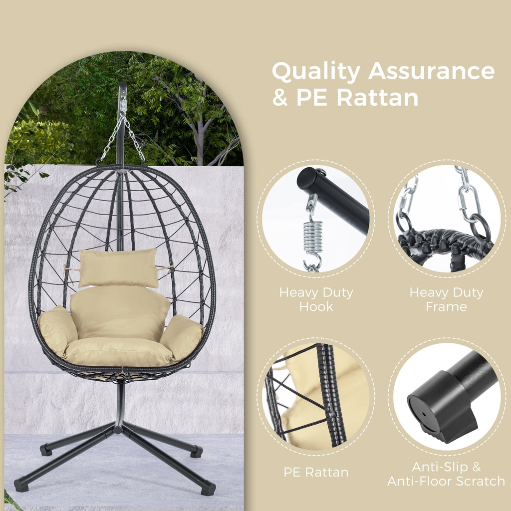 Anthony & Home Signature HDPE Wicker Egg Chair with Stand, stylish outdoor seating with a woven wicker design and sturdy metal stand.