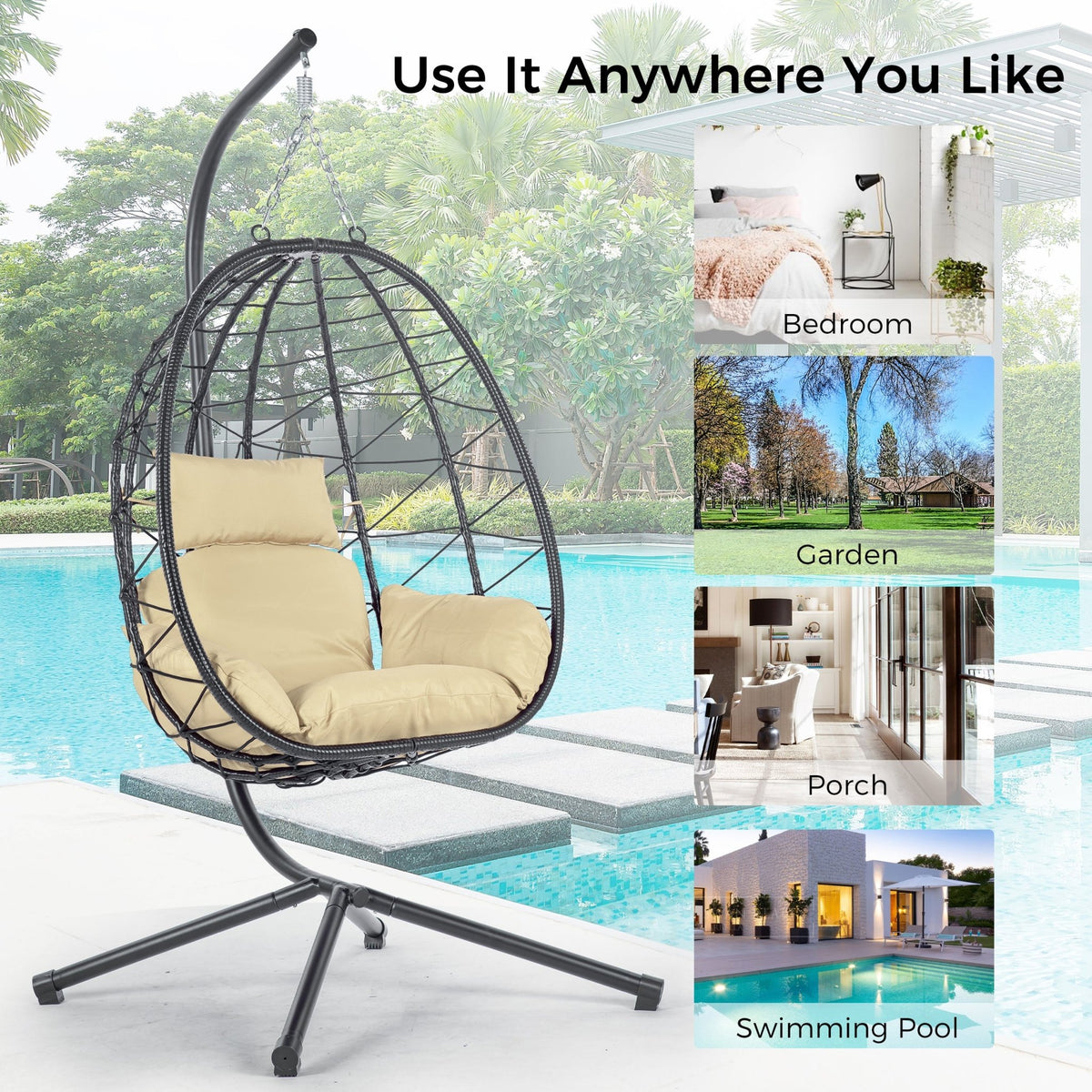 Anthony & Home Signature HDPE wicker egg chair with stand, showcasing a stylish outdoor seating option with a curved wicker design.
